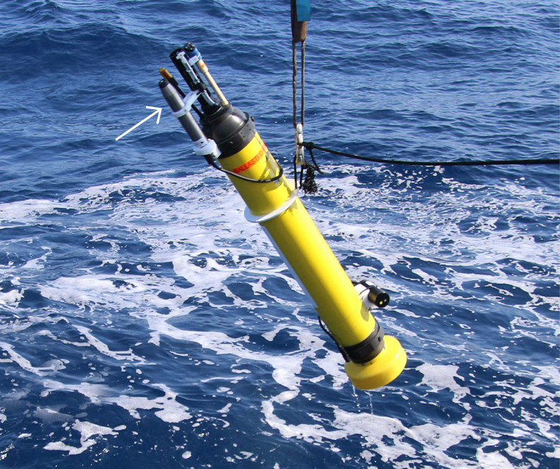 Biogeochemical-Argo float being deployed at sea.