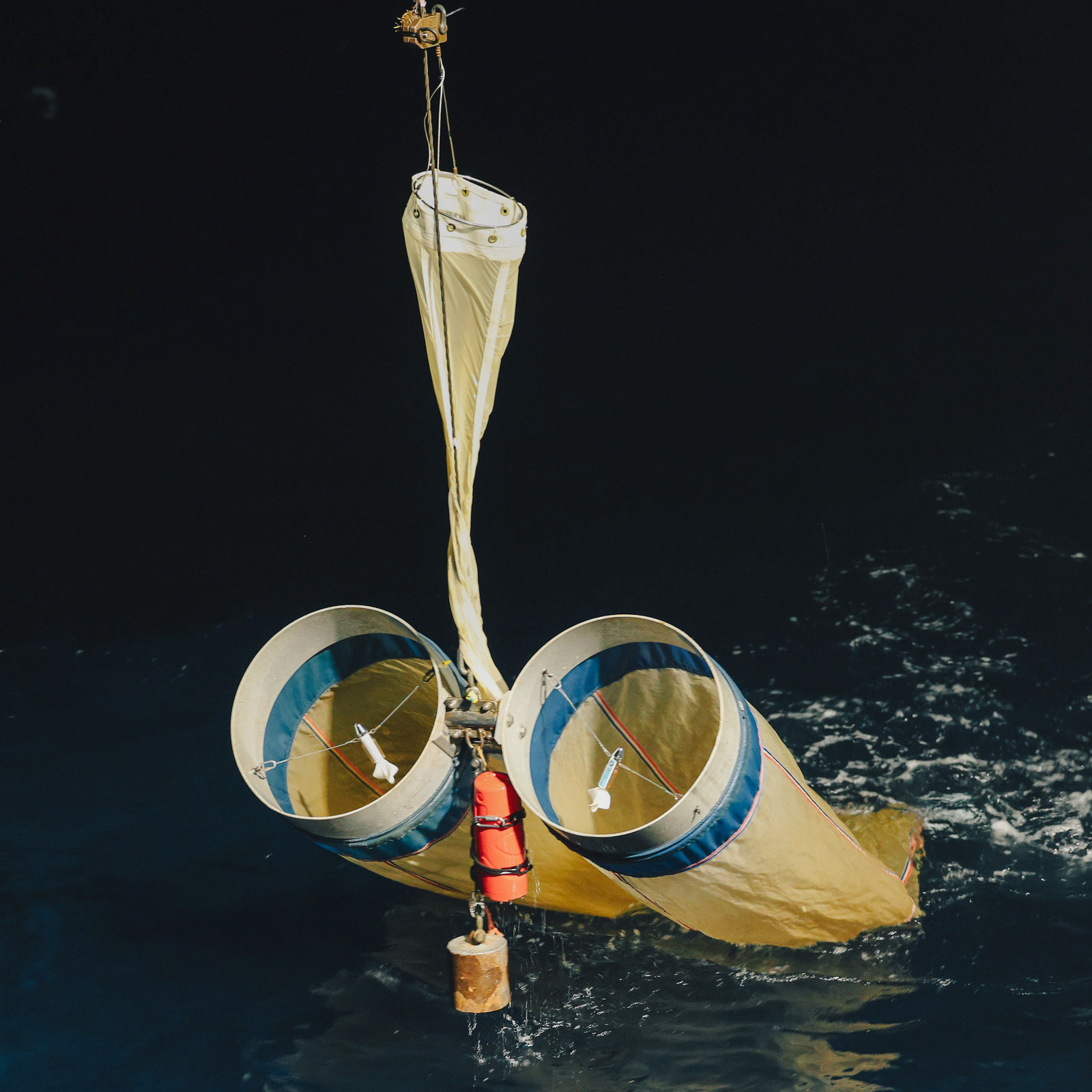 Bongo net being recovered from the ocean.