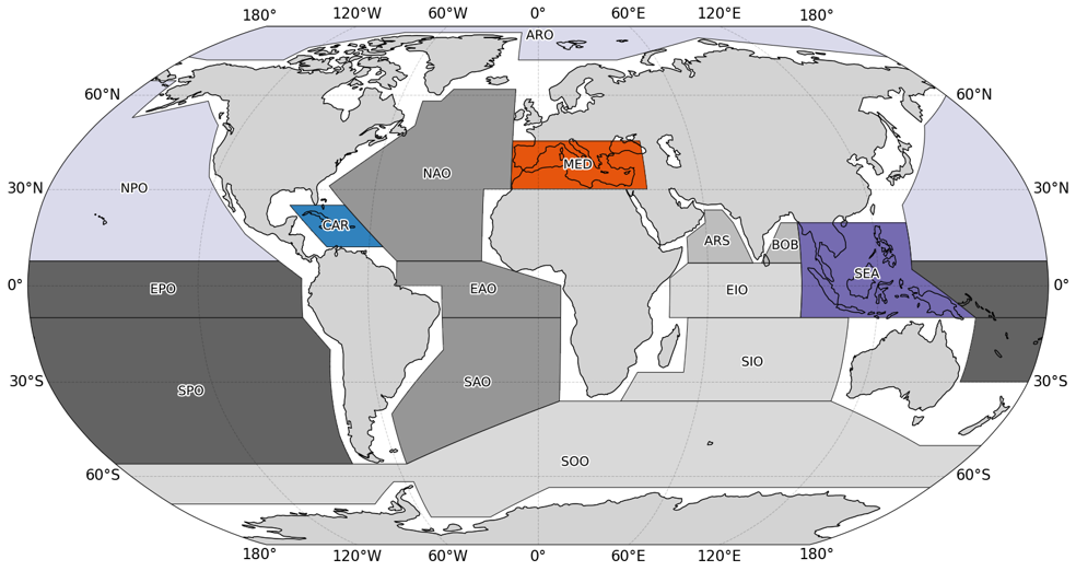 Global map of IPCC AR6 marine regions.