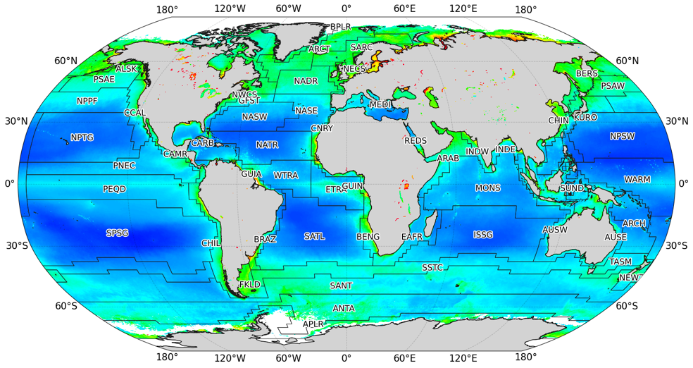Global ocean biogeography map with Longhurst provinces.