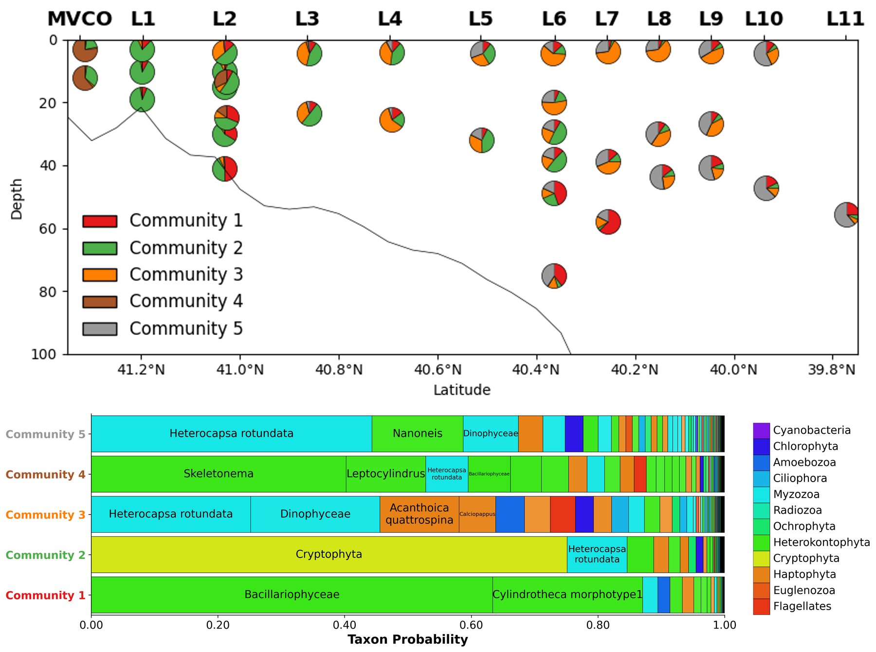 IFCB topic-modeling figure showing plankton community structure across depth and latitude.